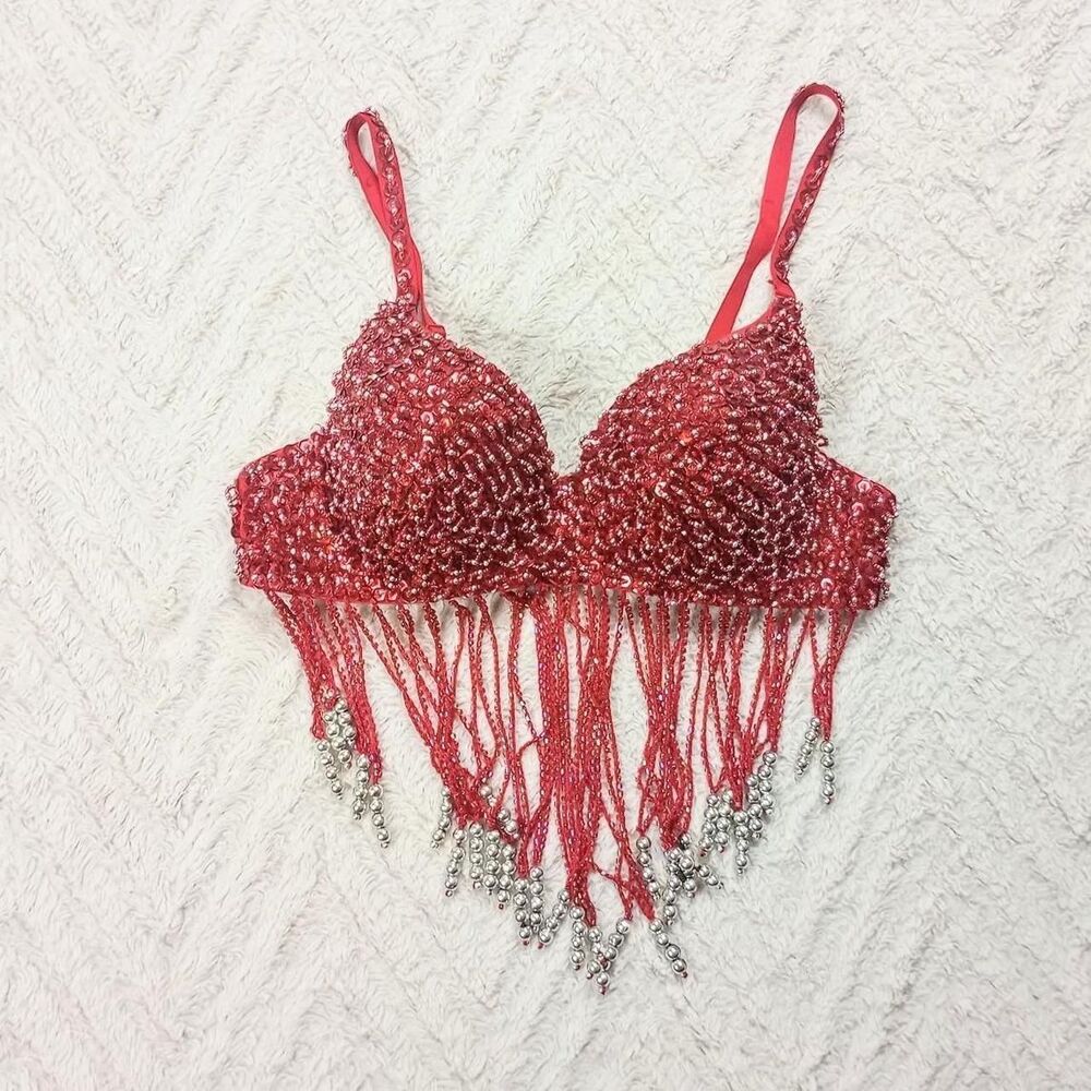Y2K Red Silver Beaded Sequin Fringe Fairy Top